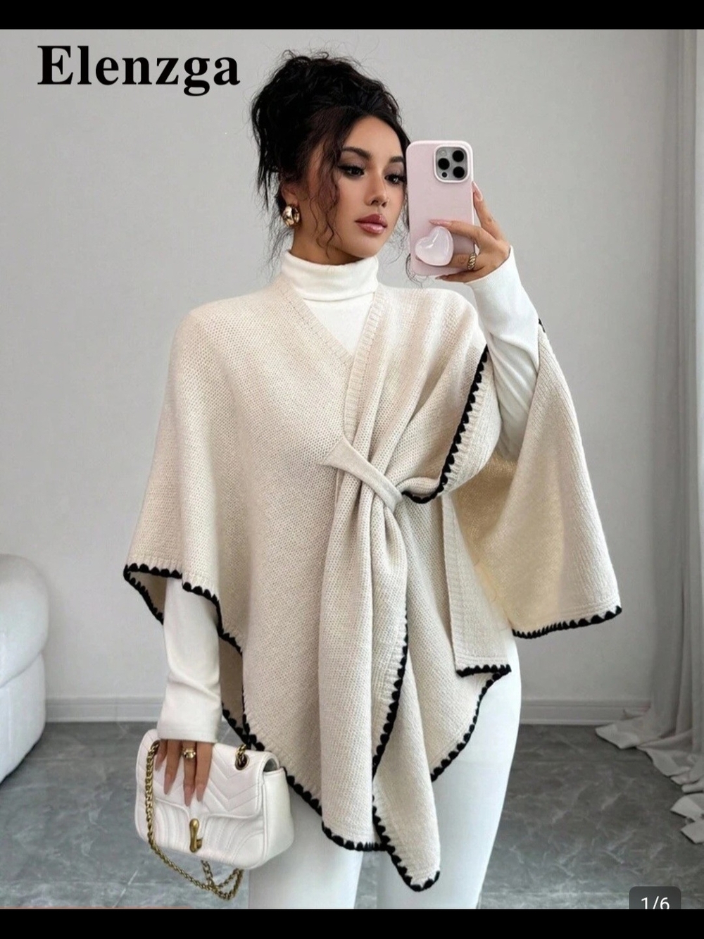 Cream Knit Cape Sweater with Black Trim